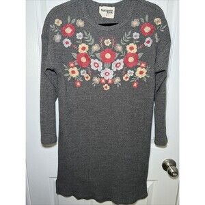 Savanna Jane Ribbed Knit Dress Women Medium Gray Floral Embroidered Boho